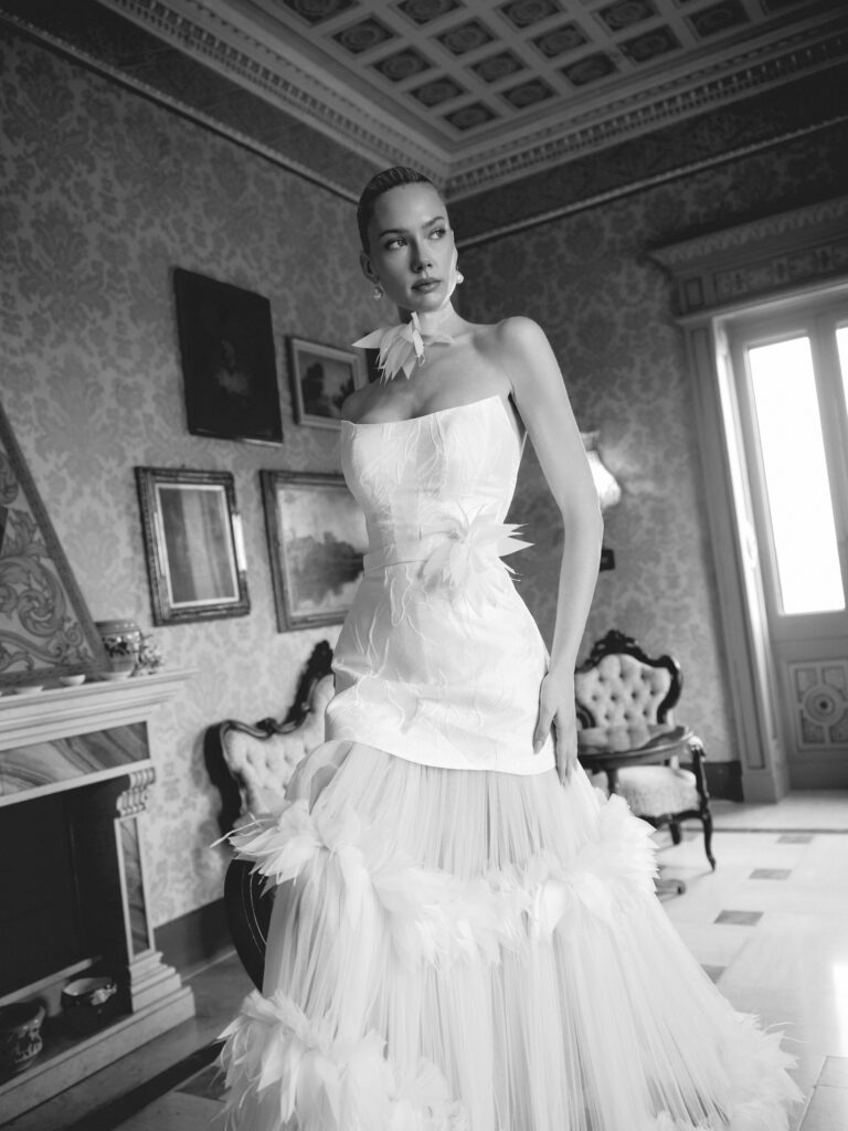 Dolcezza bridal gown full view showing strapless mini dress with tiered tulle skirt