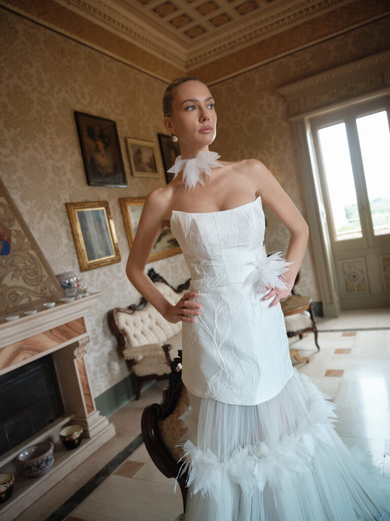 Dolcezza bridal look front view with strapless mini dress and layered tulle skirt