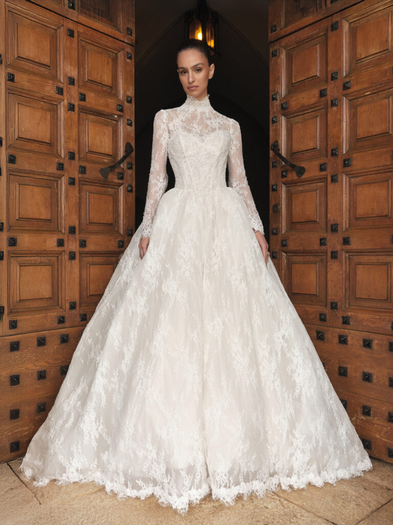 Cuore di Sposa bridal gown full front view with long lace sleeves and voluminous ballgown skirt