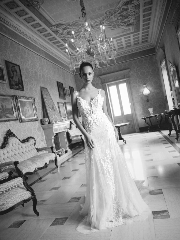 Bella Mia wedding dress full length with plunge neckline and soft flowing silhouette