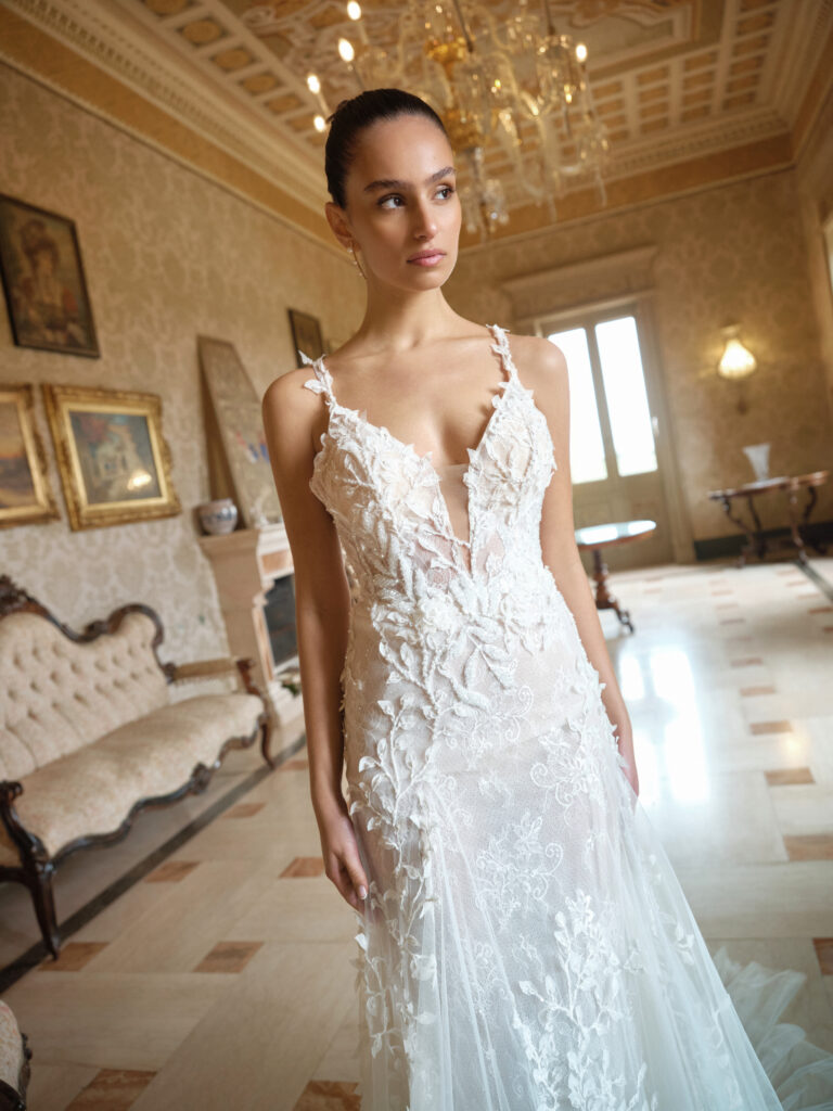 Bella Mia bridal gown front detail with deep neckline and delicate straps
