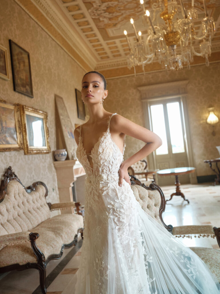 Bella Mia wedding dress fitted bodice with floral appliqué and airy skirt