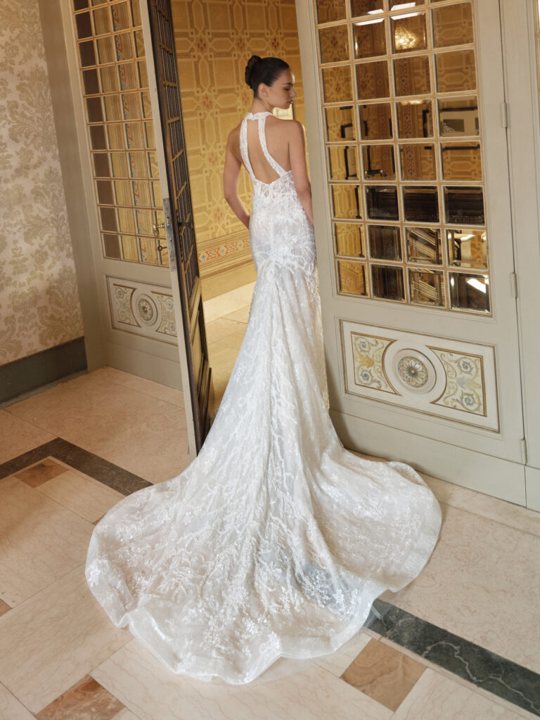 Infinito wedding dress back view with open back and flared train