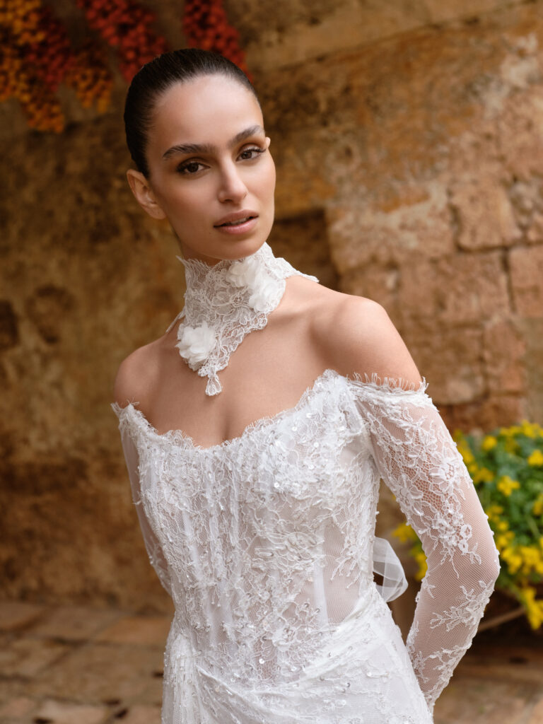 Amore Mio lace mini wedding dress with sheer overskirt and front split