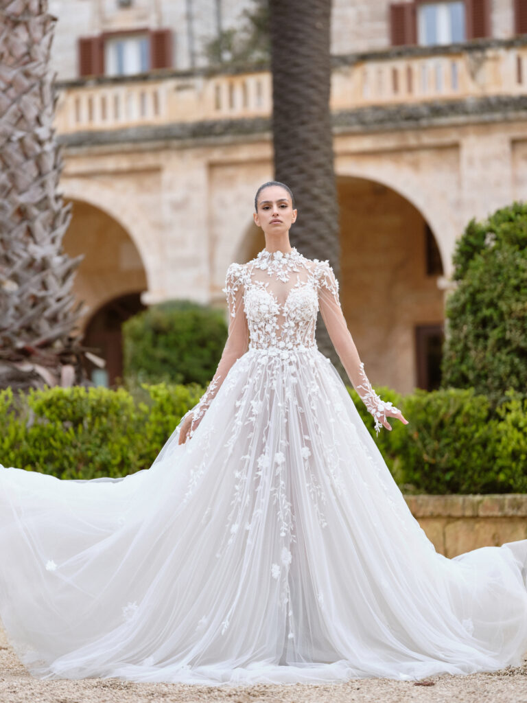 Eterna wedding dress bodice detail with illusion neckline and floral lace
