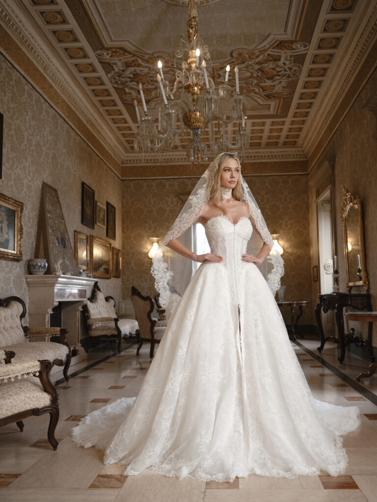 Affetto bridal gown full front view showing ballgown silhouette and front opening