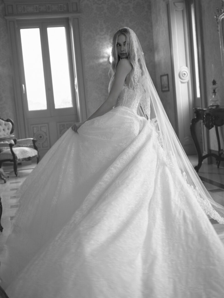 Affetto wedding dress back view with long train and full skirt