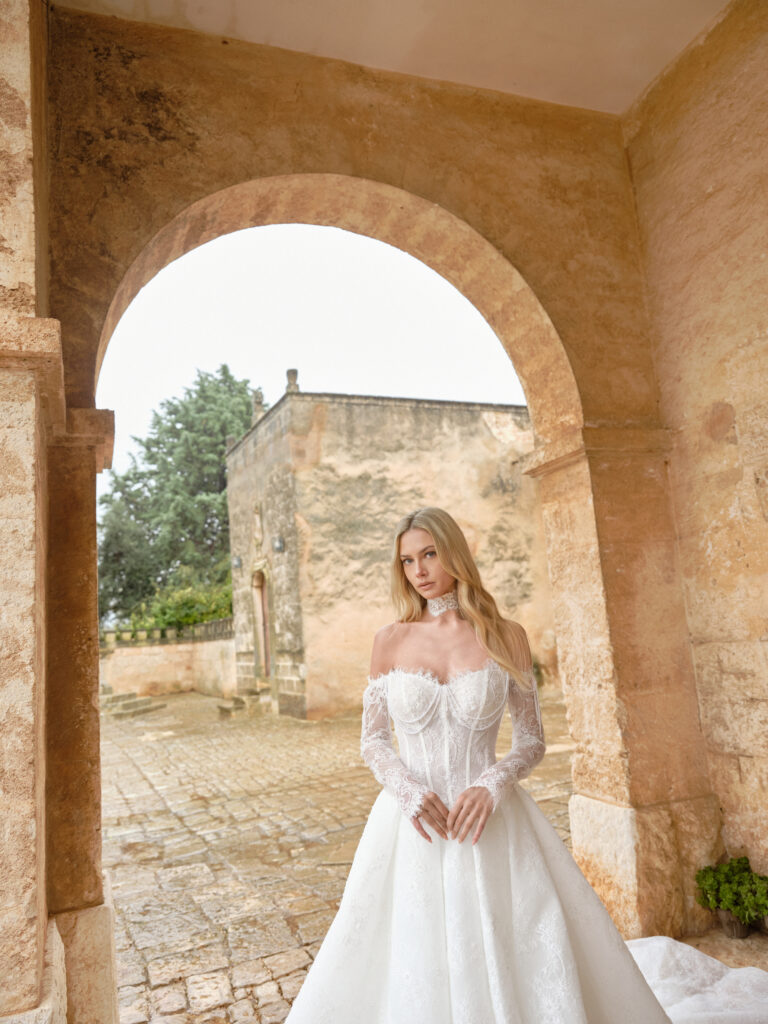 Amore Puro bridal gown full front view with corset bodice and ballgown skirt