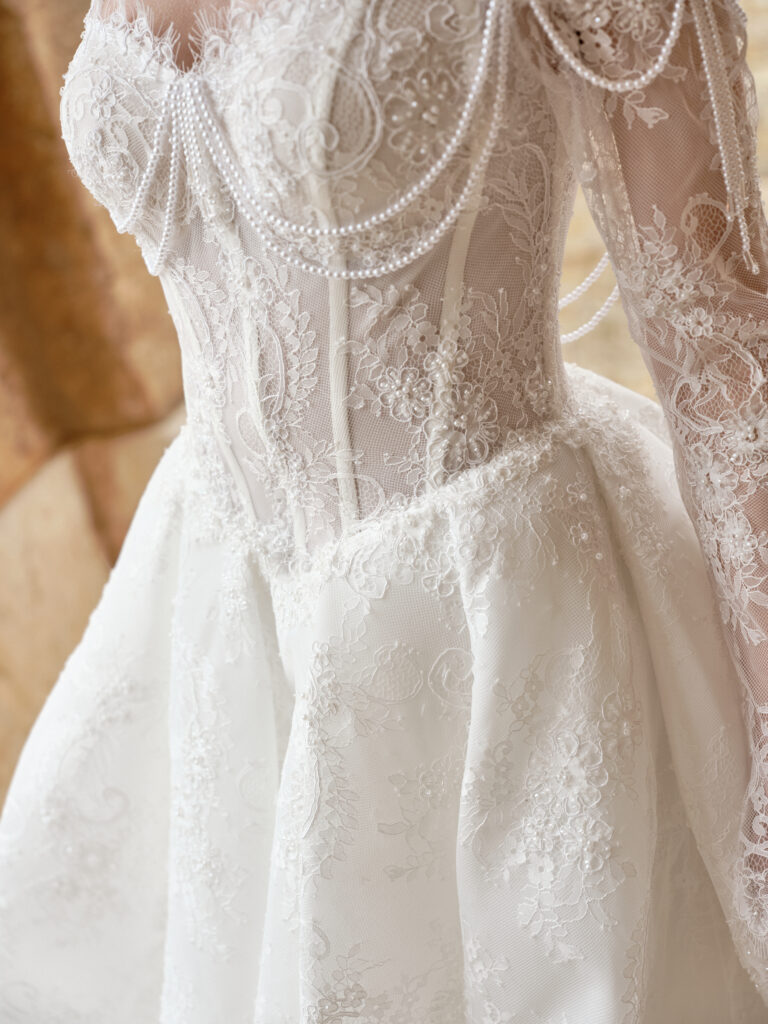 Amore Puro bridal gown full front view with corset bodice and ballgown skirt