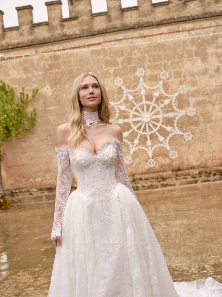 Stella Mia bridal gown full front view with lace bodice, detachable choker and A-line skirt