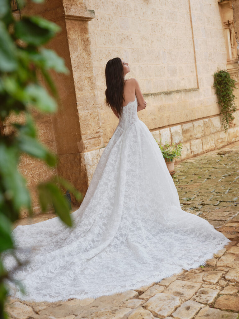 Romantica bridal gown full front view with corset bodice, lace choker and A-line skirt