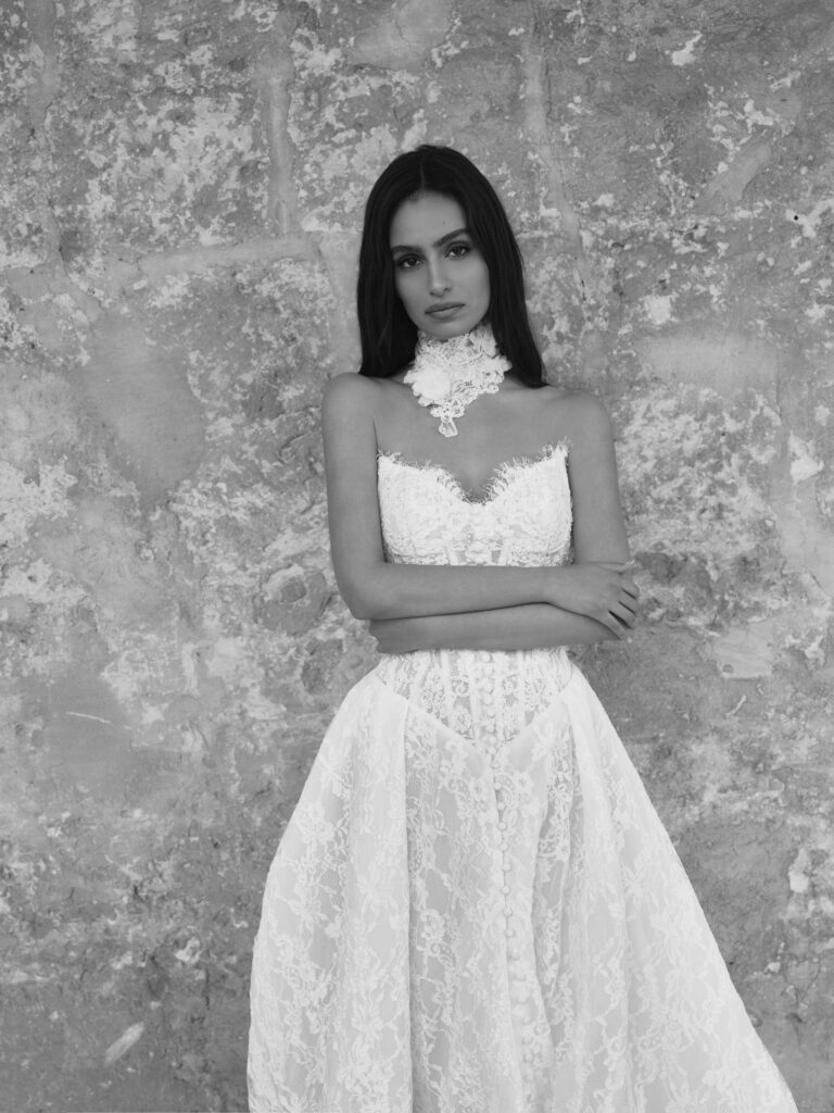 Romantica bridal gown front view showing structured bodice, sweetheart neckline and full skirt
